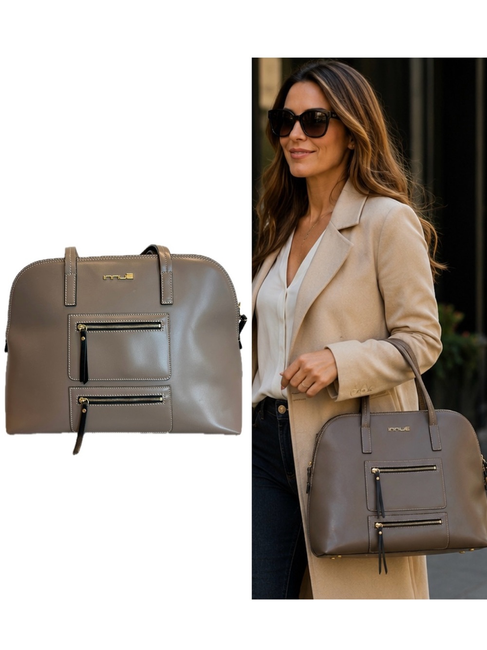 INNUE Taupe Leather Satchel Handbag Gold Hardware Double Zip Pockets